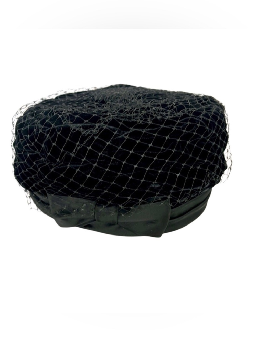 Vintage 1960’s Black Velvet and Satin Pillbox Hat with netting. Pre owned